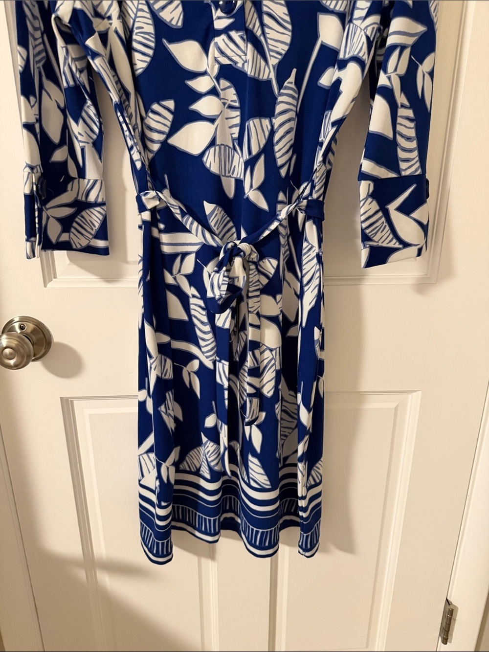 Mlle Gabrielle Royal Blue & White Leaf Print Belted Shirt Dress 3/4 Sleeve Large - Picture 4 of 7